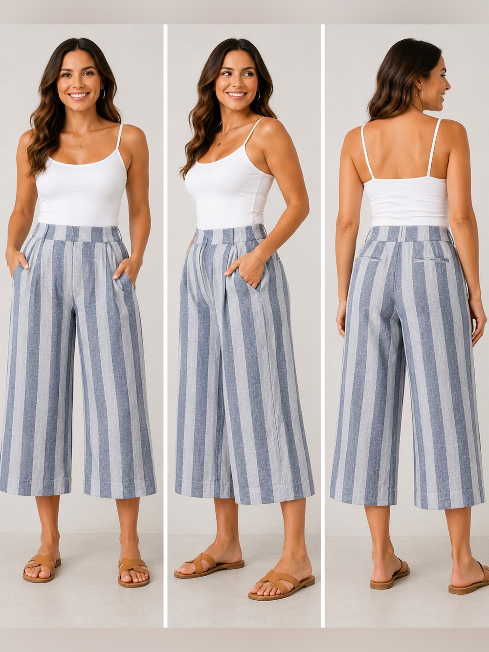 Gap 100% Linen Blue Stripe Wide Leg Crop Pants Women’s Size 8 High Rise